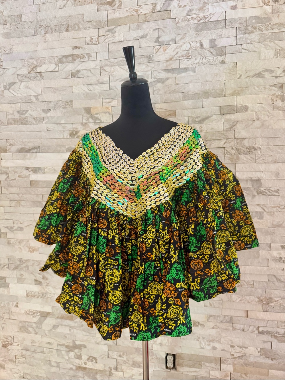 African Green & Yellow Floral Off-Shoulder Casual Top